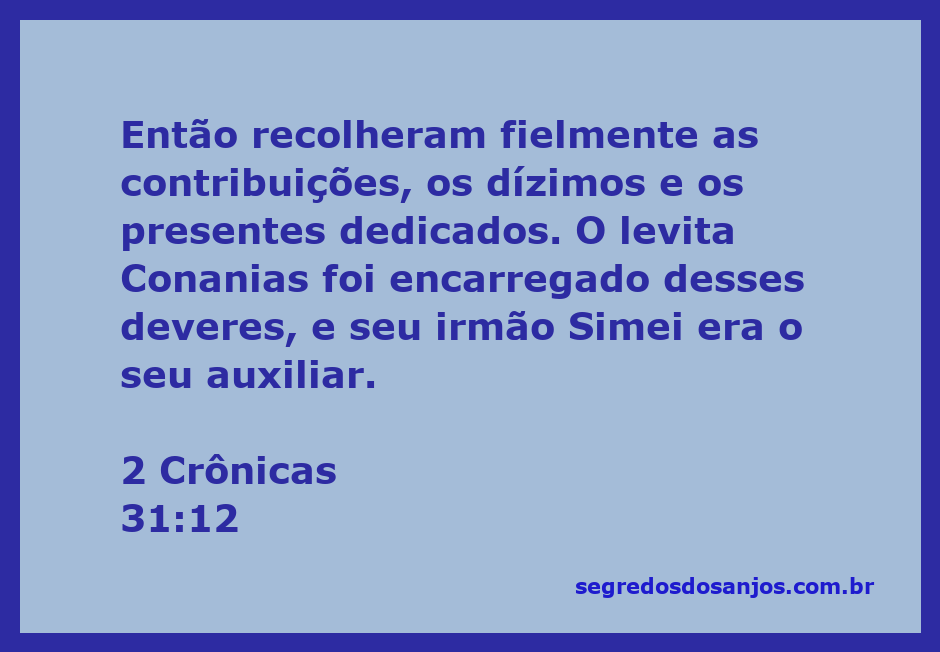 Imagem que ilustra a coleta de contribuições e dízimos conforme descrito em 2 Crônicas 31:12, destacando os levitas Conanias e Simei.
