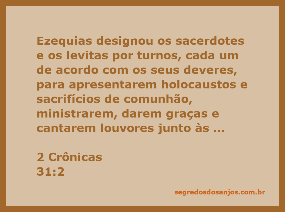 Sacerdotes e levitas organizados por Ezequias para ministrar na habitação do Senhor, conforme 2 Crônicas 31:2.