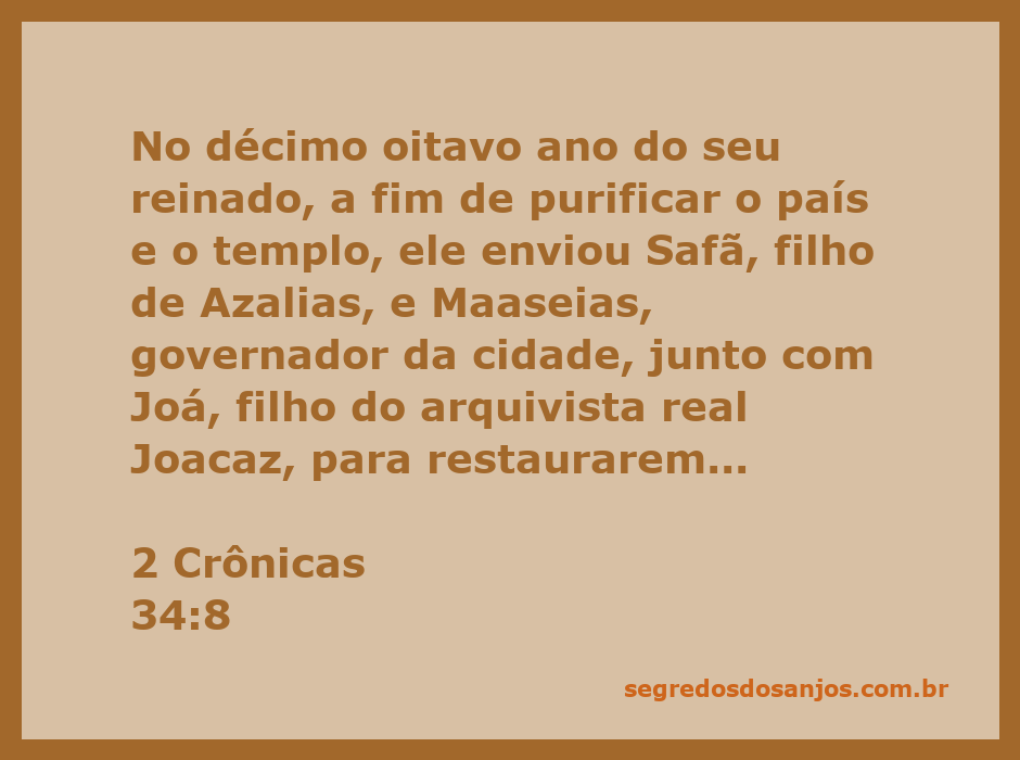 Reforma do templo em 2 Crônicas 34:8, mostrando a dedicação de um rei em purificar o país e restaurar a casa de Deus.