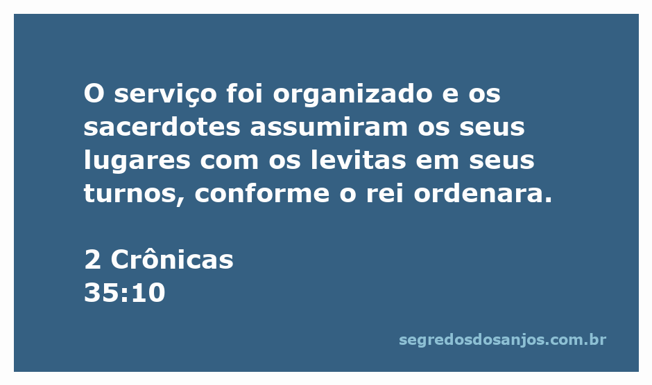 Sacerdotes e levitas organizados em serviço conforme a ordem do rei, ilustrando 2 Crônicas 35:10.