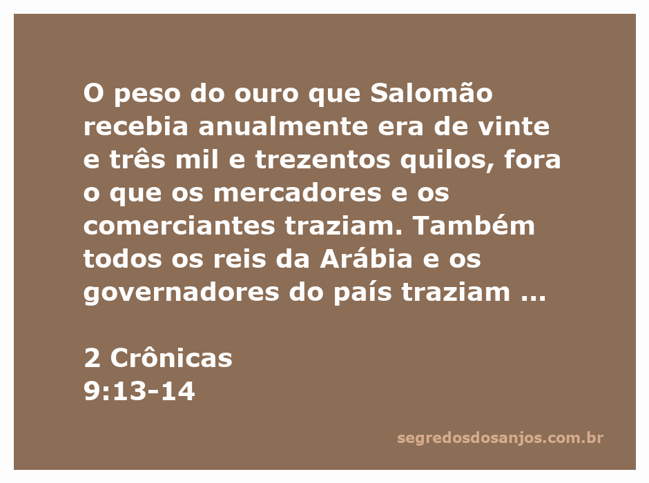 Salomão recebendo tributos de ouro e prata de governantes e comerciantes, conforme descrito em 2 Crônicas 9:13-14.