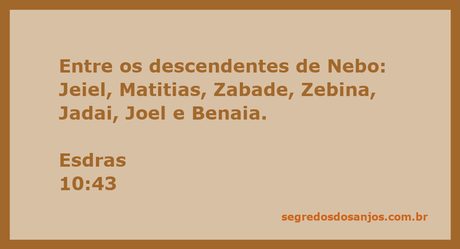 Lista dos descendentes de Nebo mencionados em Esdras 10:43, incluindo Jeiel, Matitias, Zabade, Zebina, Jadai, Joel e Benaia.