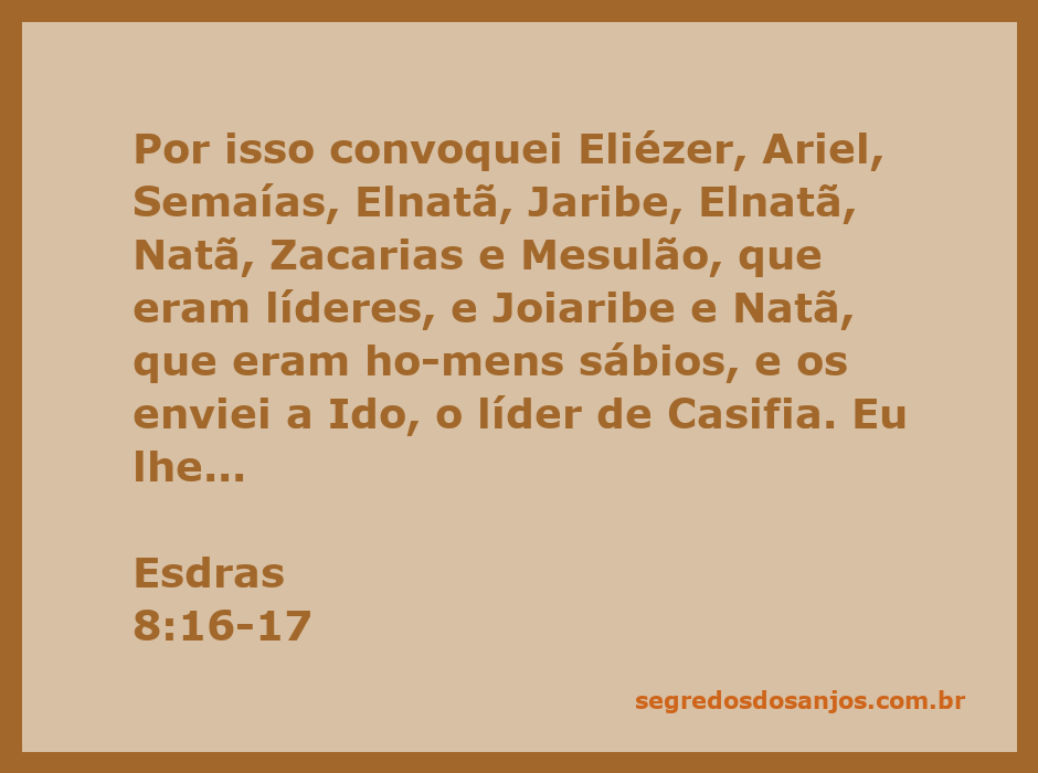 Grupo de líderes bíblicos se reunindo para convocar servidores para o templo de Deus, conforme Esdras 8:16-17.