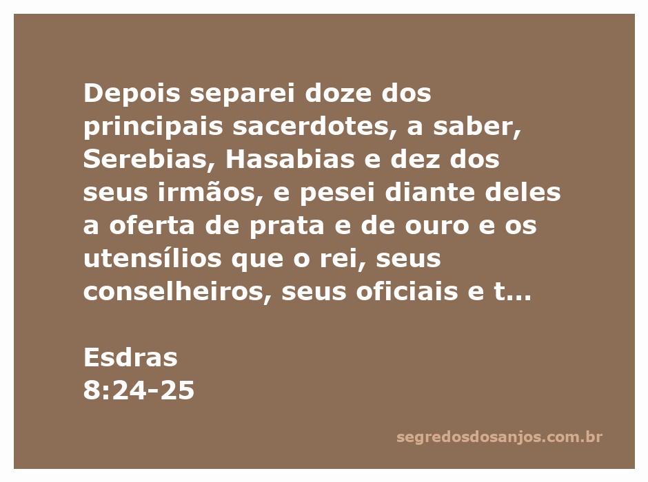 Os principais sacerdotes Serebias e Hasabias pesando oferta de prata e ouro para a casa de Deus conforme Esdras 8:24-25.