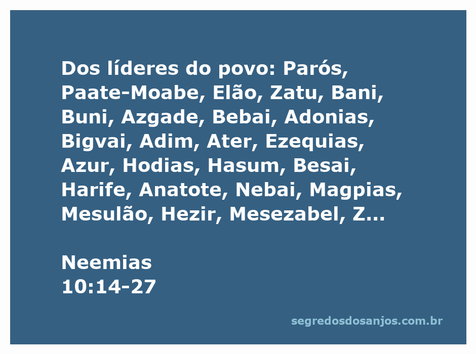 Lista dos líderes do povo mencionados em Neemias 10:14-27, destacando a diversidade das tribos de Israel.