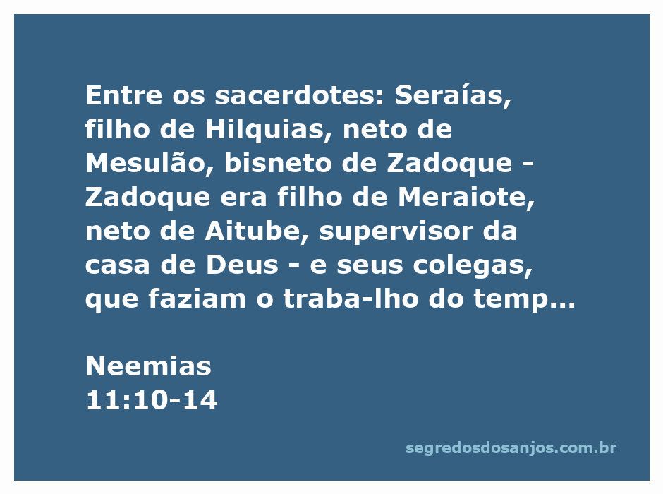 Representação dos sacerdotes mencionados em Neemias 11:10-14, destacando suas linhagens e número total de membros.