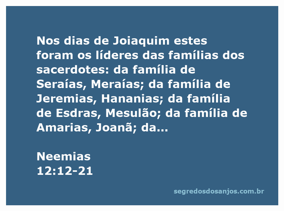 Lista dos líderes das famílias dos sacerdotes nos dias de Joiaquim conforme Neemias 12:12-21