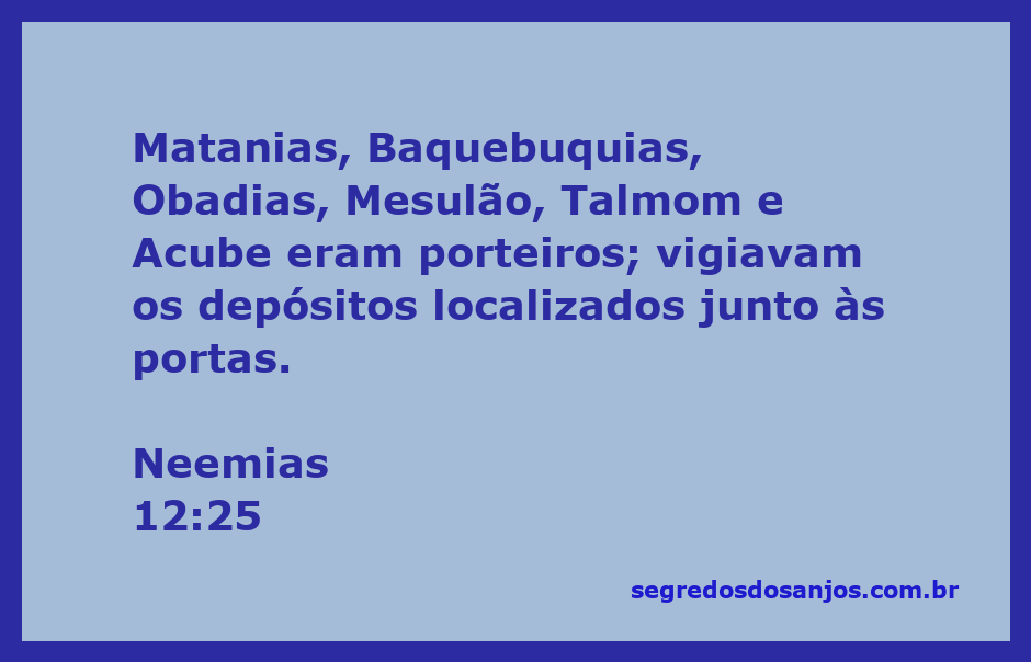 Representação dos porteiros Matanias, Baquebuquias, Obadias, Mesulão, Talmom e Acube vigiando os depósitos nas portas conforme Neemias 12:25.