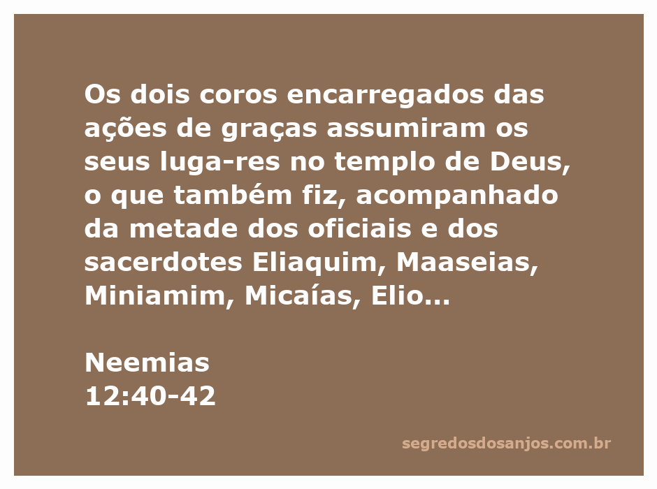Coro de sacerdotes e oficiais no templo de Deus, celebrando com trombetas e canções de ações de graças.