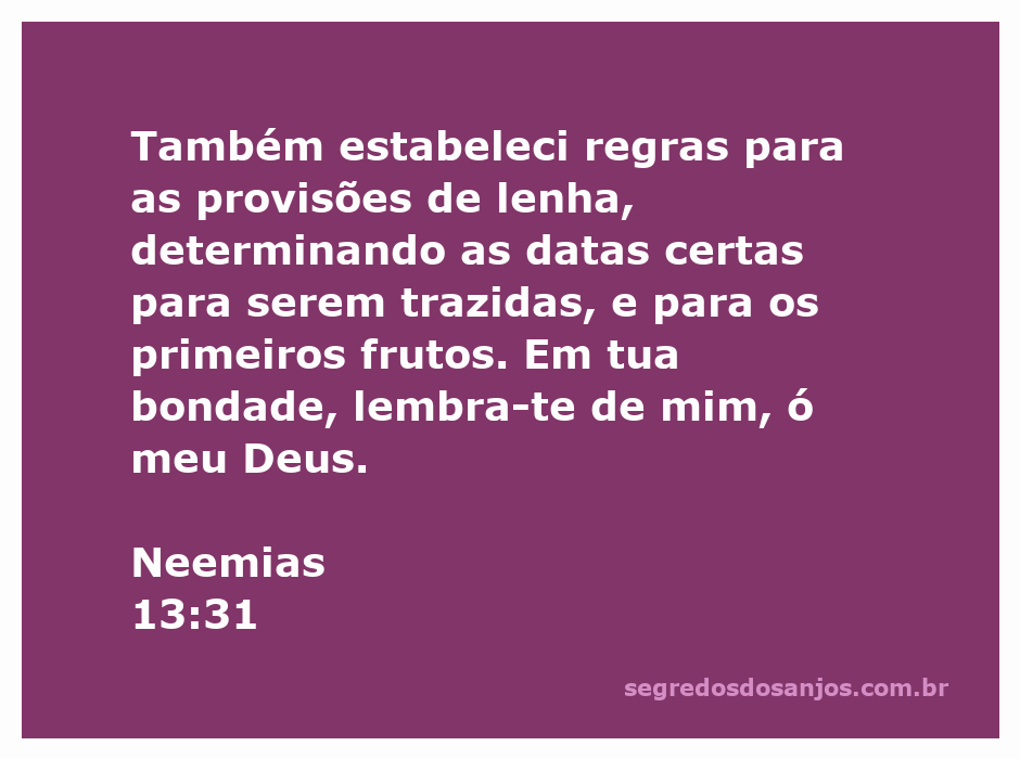 Neemias 13:31 - Versículo sobre provisões de lenha e primeiros frutos com oração a Deus.