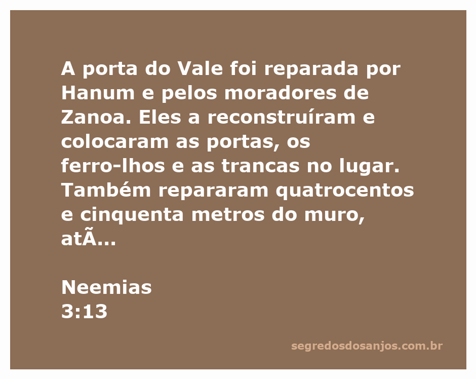 Reparação da Porta do Vale por Hanum e moradores de Zanoa, conforme Neemias 3:13.