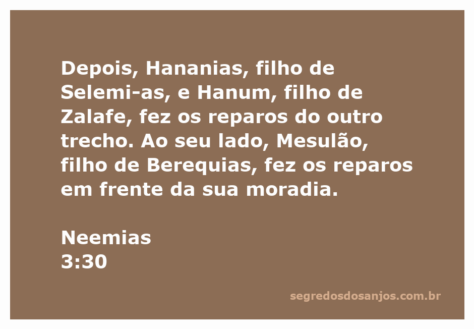 Reparos das muralhas de Jerusalém por Hananias, Hanum e Mesulão conforme descrito em Neemias 3:30.