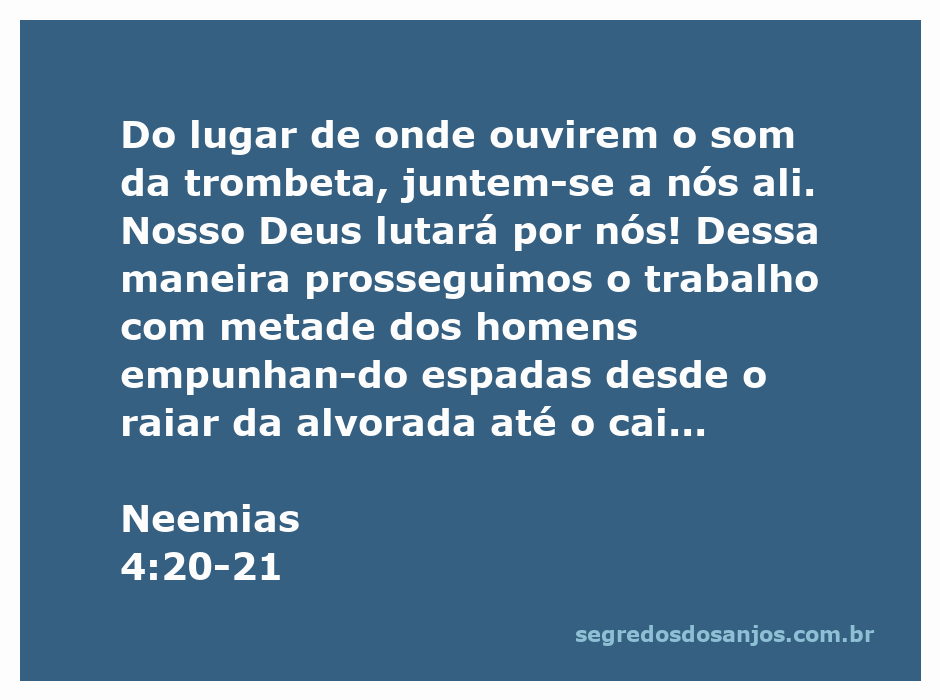 Imagem representativa de Neemias 4:20-21, mostrando um grupo de trabalhadores com espadas prontos para a batalha enquanto continuam seu trabalho na reconstrução.
