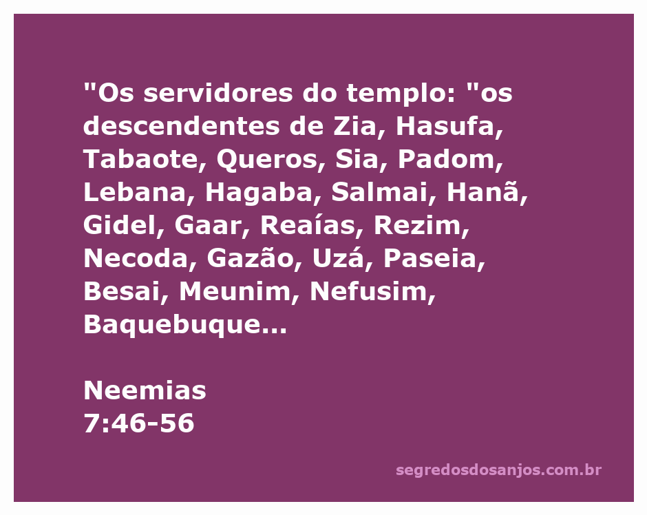 Lista dos servidores do templo mencionados em Neemias 7:46-56, incluindo os nomes dos descendentes de Zia, Hasufa, Tabaote e outros.