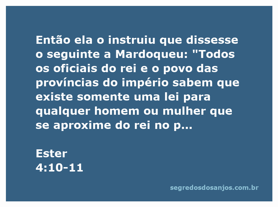 Ester comunica a Mardoqueu sobre a lei do rei que punia quem se aproximasse sem ser chamado.
