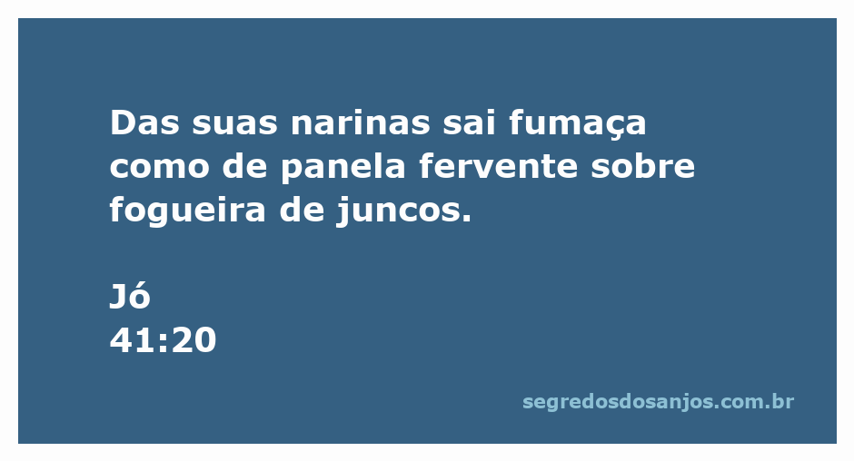 A imagem ilustra a descrição de Jó 41:20, mostrando uma criatura mitológica exalando fumaça de suas narinas, evocando a imagem de uma panela fervente sobre uma fogueira.
