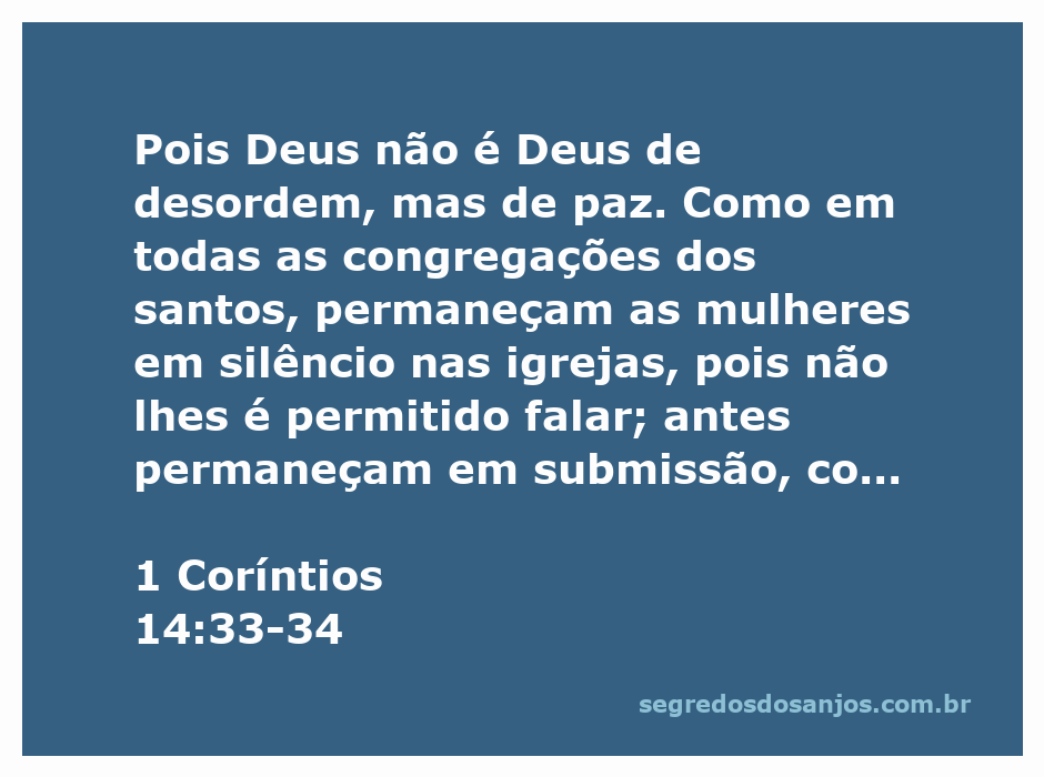 Versículo de 1 Coríntios 14:33-34 destacando a paz em Deus e a orientação sobre o silêncio das mulheres nas igrejas.