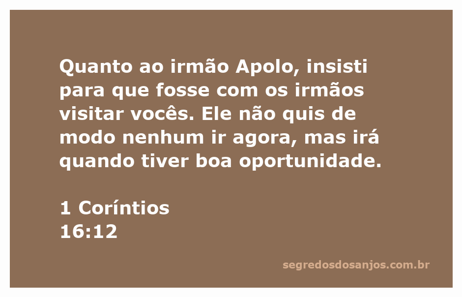 Imagem que ilustra a passagem de 1 Coríntios 16:12 sobre Apolo e sua visita.