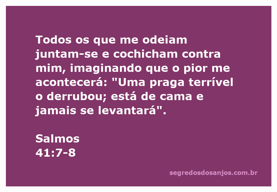 Ilustração do versículo Salmos 41:7-8 mostrando pessoas cochichando e pensando negativamente sobre alguém doente.