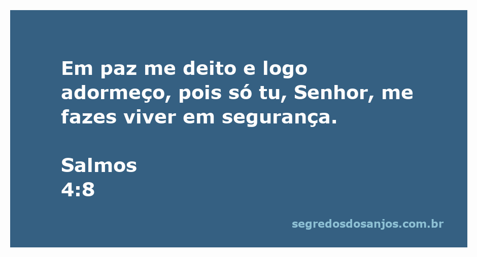 Uma pessoa deitada em uma cama tranquila, simbolizando paz e segurança, com o versículo Salmos 4:8 em destaque.