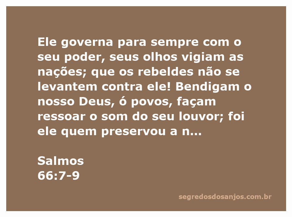 Ilustração do versículo Salmos 66:7-9, destacando o poder de Deus sobre as nações e a importância do louvor.