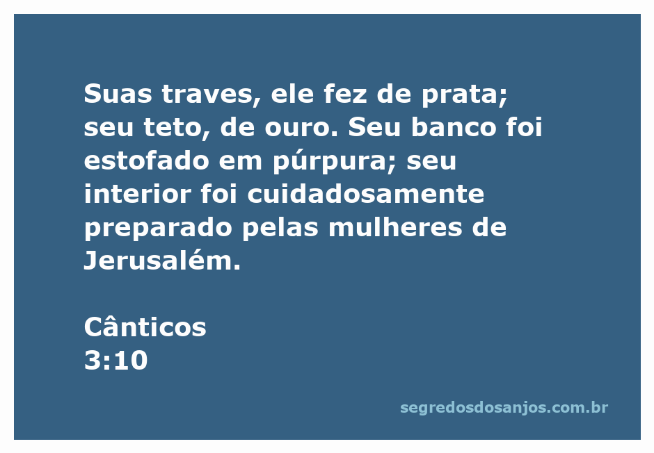 Representação artística da descrição luxuosa do leito de Salomão em Cânticos 3:10, com traves de prata, teto de ouro e estofados em púrpura.