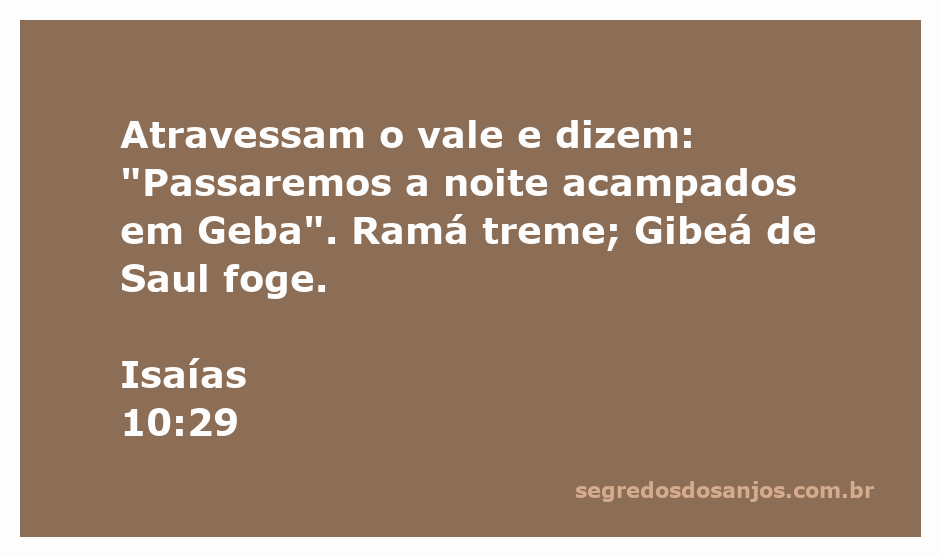 Ilustração da passagem de Isaías 10:29 mostrando o vale e as cidades de Geba, Ramá e Gibeá em uma cena bíblica.