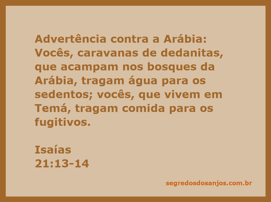 Caravanas de dedanitas trazendo água e comida para os sedentos e fugitivos na Arábia, inspirado em Isaías 21:13-14.