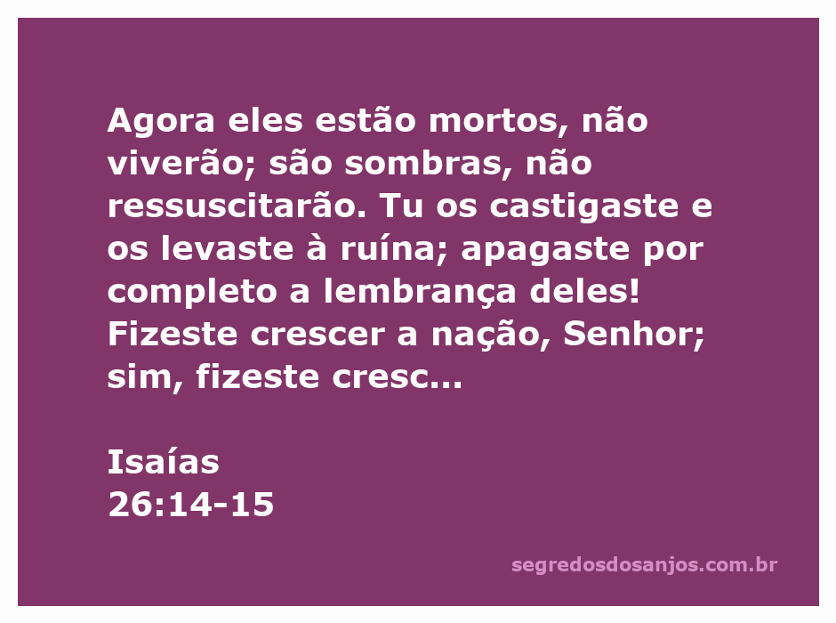 Visualização da passagem bíblica de Isaías 26:14-15, enfatizando a mortalidade e o crescimento da nação sob a glória de Deus.