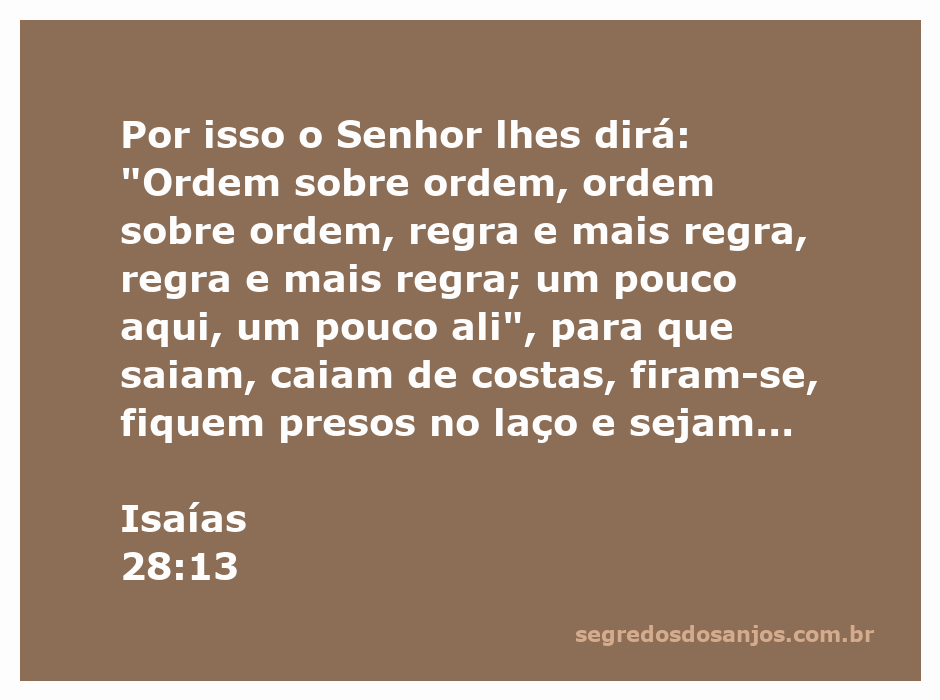 Ilustração do versículo Isaías 28:13, destacando a repetição de ordens e regras.