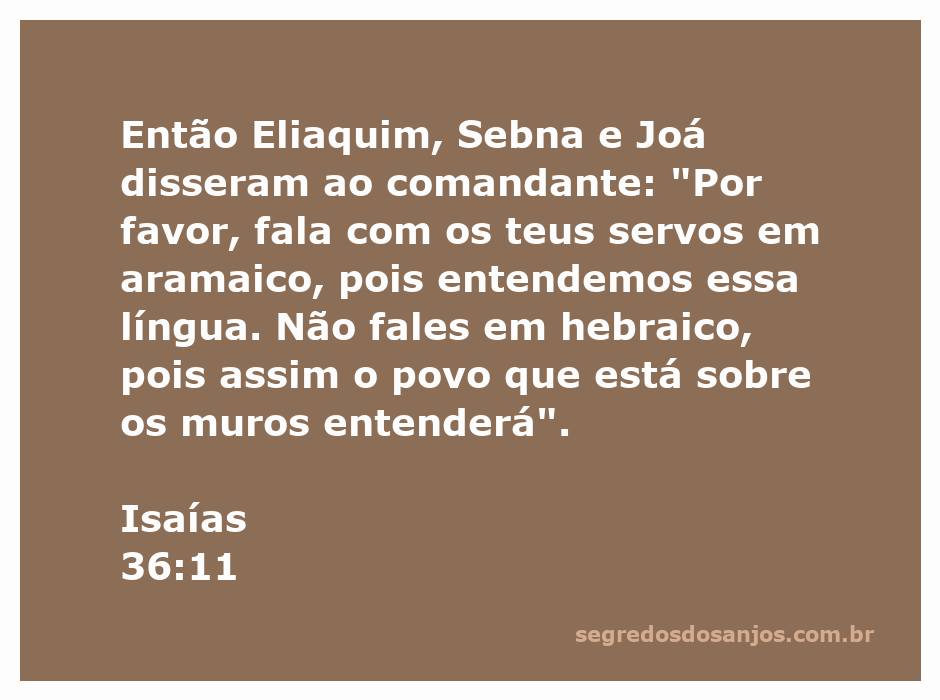 Representação de Eliaquim, Sebna e Joá conversando com um comandante assírio em aramaico, com a cidade ao fundo.