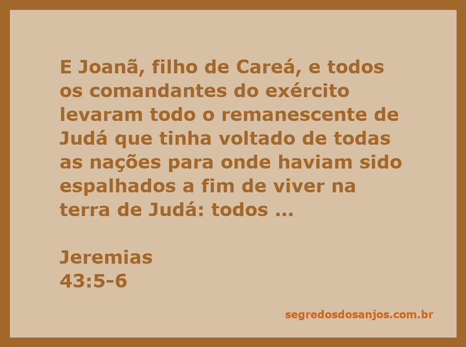 Joanã e os comandantes do exército lideram o remanescente de Judá de volta à terra, incluindo homens, mulheres, crianças e o profeta Jeremias.
