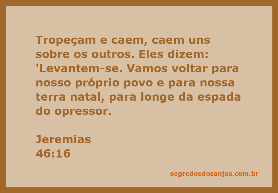 Imagem representando o versículo de Jeremias 46:16, onde pessoas tropeçam e caem umas sobre as outras em um contexto de desespero e desejo de retornar à sua terra natal.
