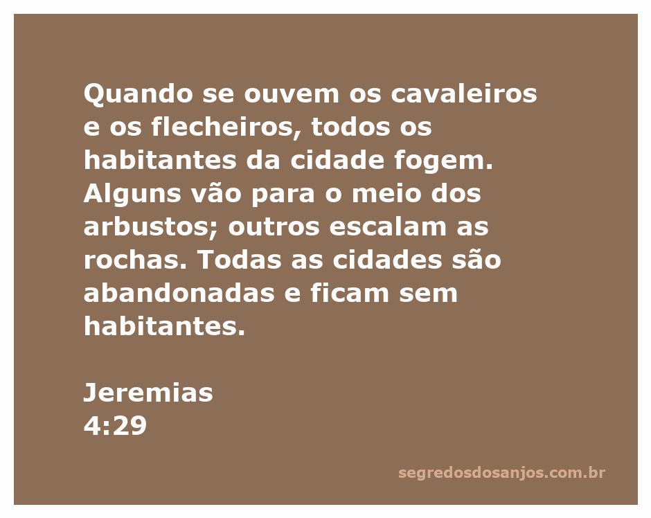 Ilustração de habitantes da cidade fugindo para se esconder entre arbustos e rochas, inspirada em Jeremias 4:29.