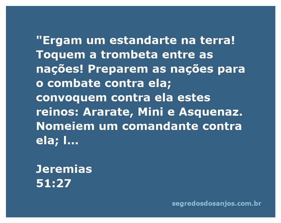 Estandarte sendo erguido com trombetas tocando, simbolizando a convocação para a batalha conforme Jeremias 51:27