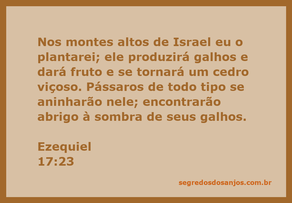Uma ilustração de um cedro frondoso nos montes altos de Israel, simbolizando a promessa de Ezequiel 17:23, com pássaros aninhando-se em seus galhos.