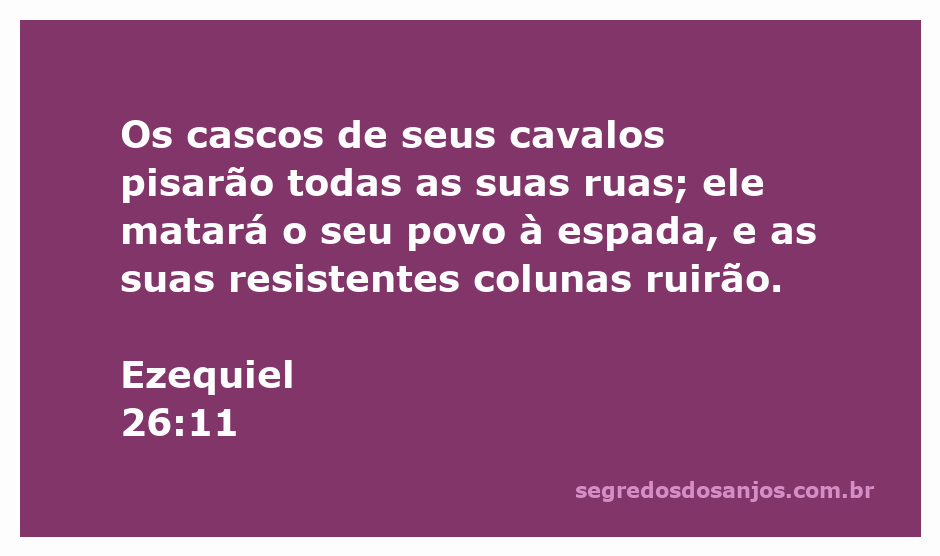Cavalos pisando nas ruas de uma cidade em ruínas, simbolizando a destruição prevista em Ezequiel 26:11.