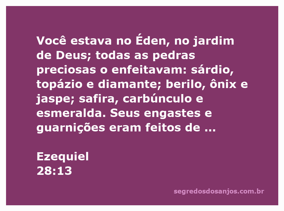 Imagem representativa do Éden com pedras preciosas mencionadas em Ezequiel 28:13, incluindo sárdio, topázio, diamante, berilo, ônix, jaspe, safira, carbúnculo e esmeralda.