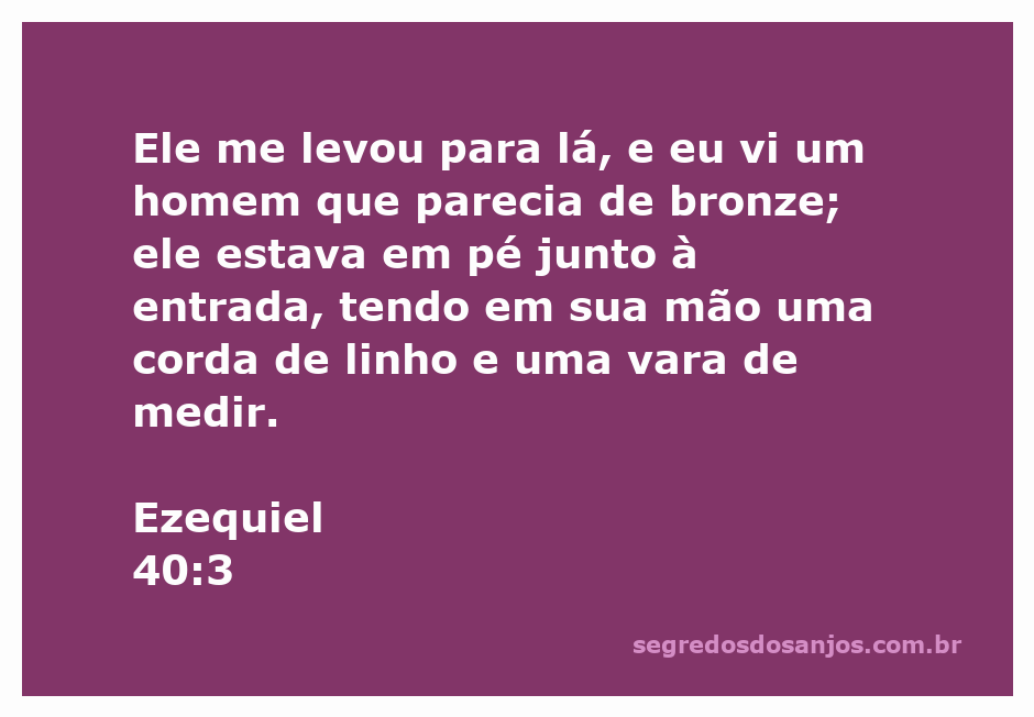 Imagem de um homem de bronze com corda de linho e vara de medir na entrada de uma construção, representando Ezequiel 40:3.