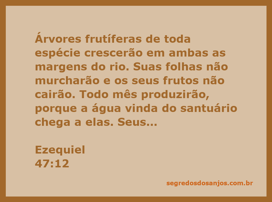 Ilustração de árvores frutíferas ao longo de um rio, representando Ezequiel 47:12, com folhas verdes e frutos abundantes.