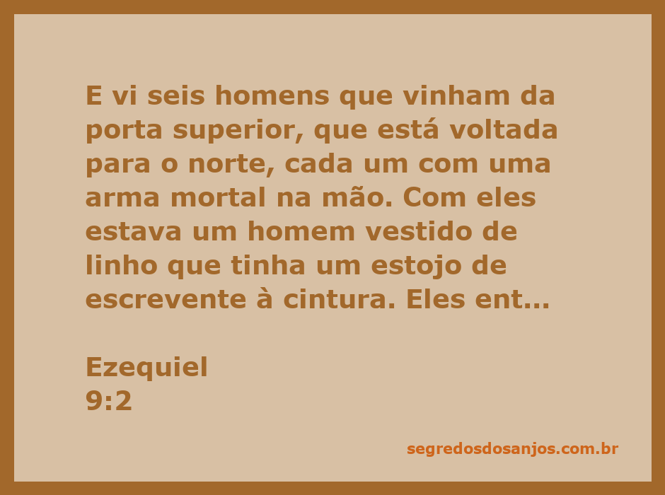 Ilustração de seis homens armados e um escriba, conforme descrito em Ezequiel 9:2, em frente ao altar de bronze.