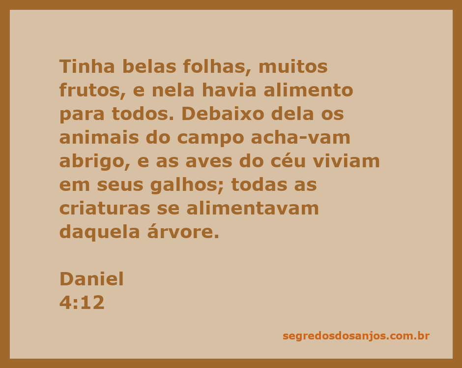 Ilustração de uma árvore frondosa com folhas verdes, frutos abundantes, e várias criaturas se alimentando e descansando sob seus galhos.