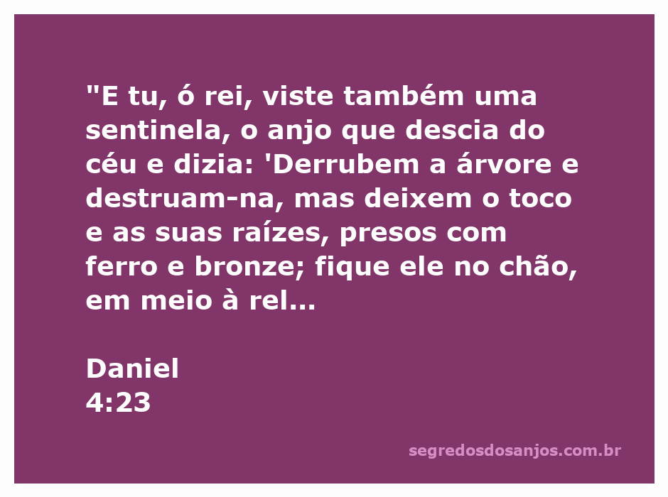 Ilustração de uma sentinela angelical descendo do céu para anunciar a derrubada de uma árvore, simbolizando um aviso ao rei sobre seu destino.