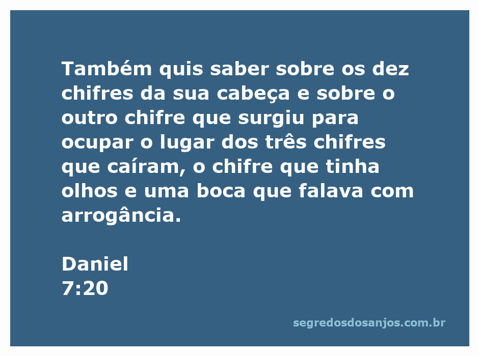 Ilustração do versículo Daniel 7:20, destacando os dez chifres e o chifre que fala com arrogância.