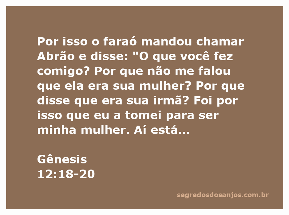 Faraó confronta Abrão sobre sua esposa Sara, destacando o engano de Abrão em dizer que ela era sua irmã.