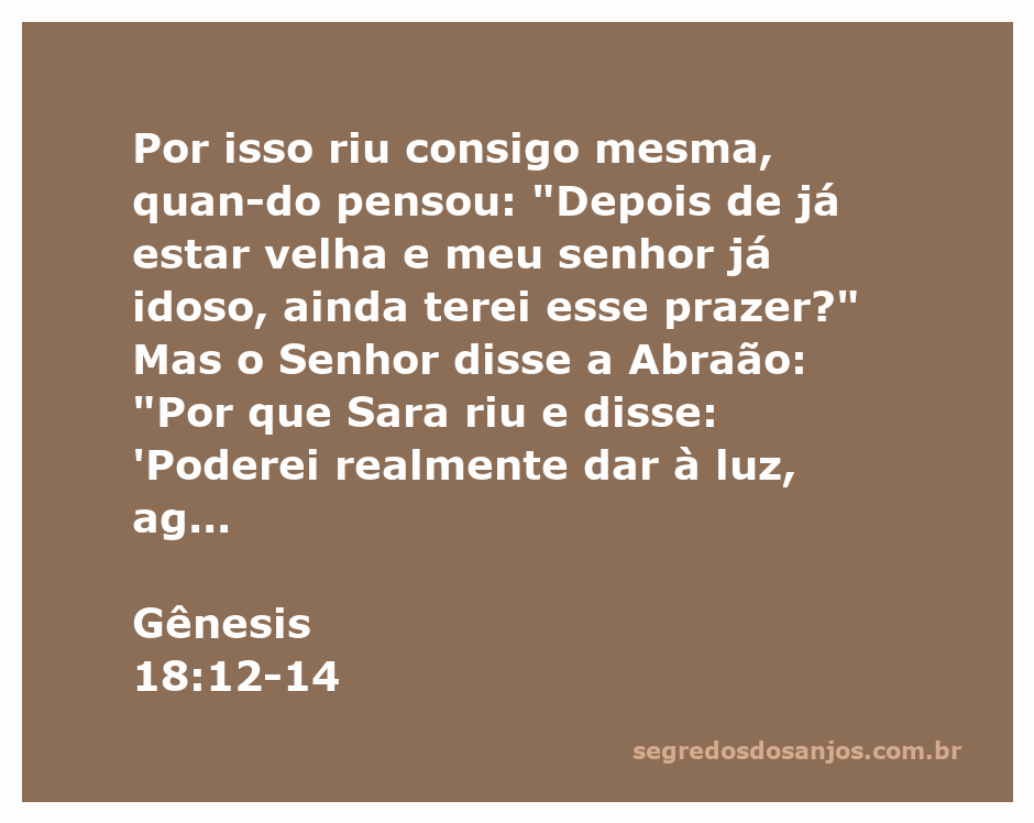 Sara rindo consigo mesma ao pensar em ter um filho na velhice, enquanto Deus fala com Abraão.