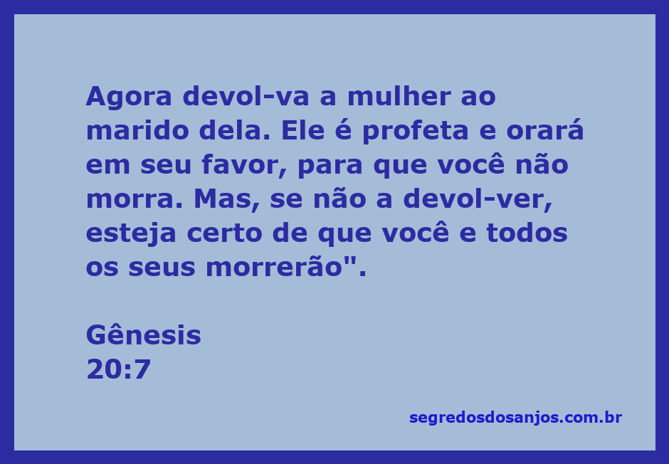 Ilustração da passagem de Gênesis 20:7, onde Deus instrui a devolver a mulher ao seu marido, destacando o papel do profeta.