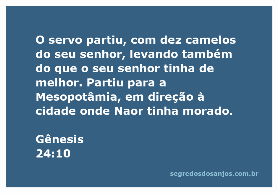 Ilustração do servo de Abraão partindo para a Mesopotâmia com dez camelos, representando a busca pela esposa de Isaque.