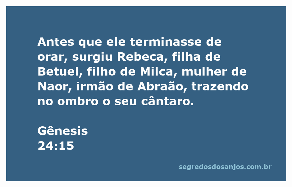 Rebeca, filha de Betuel, trazendo um cântaro em seu ombro, representando a passagem de Gênesis 24:15.
