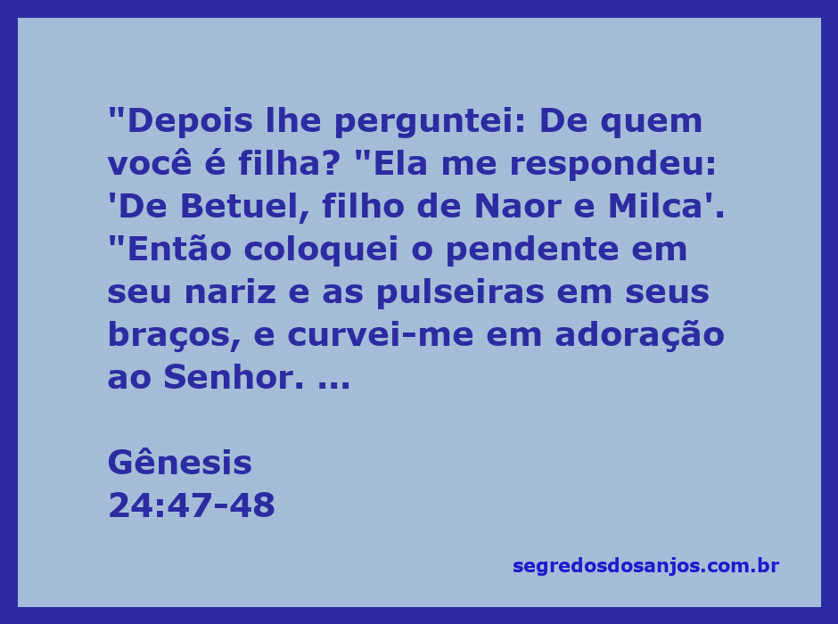 Imagem que representa a cena de Eliezer, o servo de Abraão, colocando joias em Rebeca após descobrir sua linhagem.